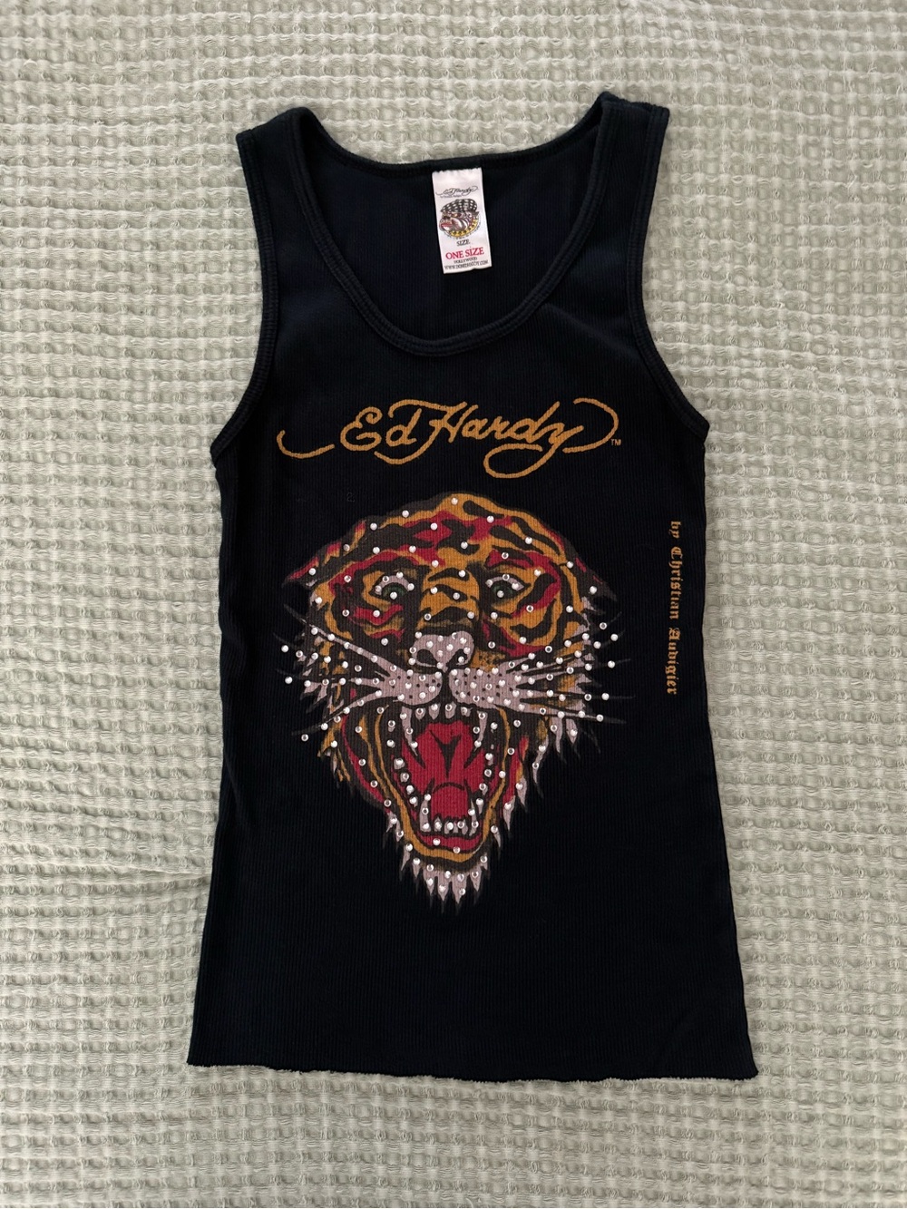 Ed Hardy Black Tank with Multicolor Rhinestone Tiger Graphic
